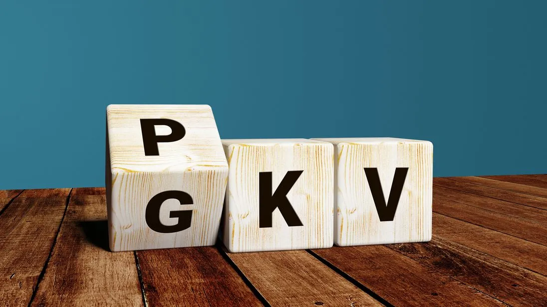 Drei Würfel mit Buchstaben. Der eine Würfel steht auf der Kippe, so kann man auf der einen Würfelseite ein P und auf der anderen ein G erkennen. Dahinter reihen sich die Würfel mit K und V auf. So kann PKV und GKV gelesen werden.